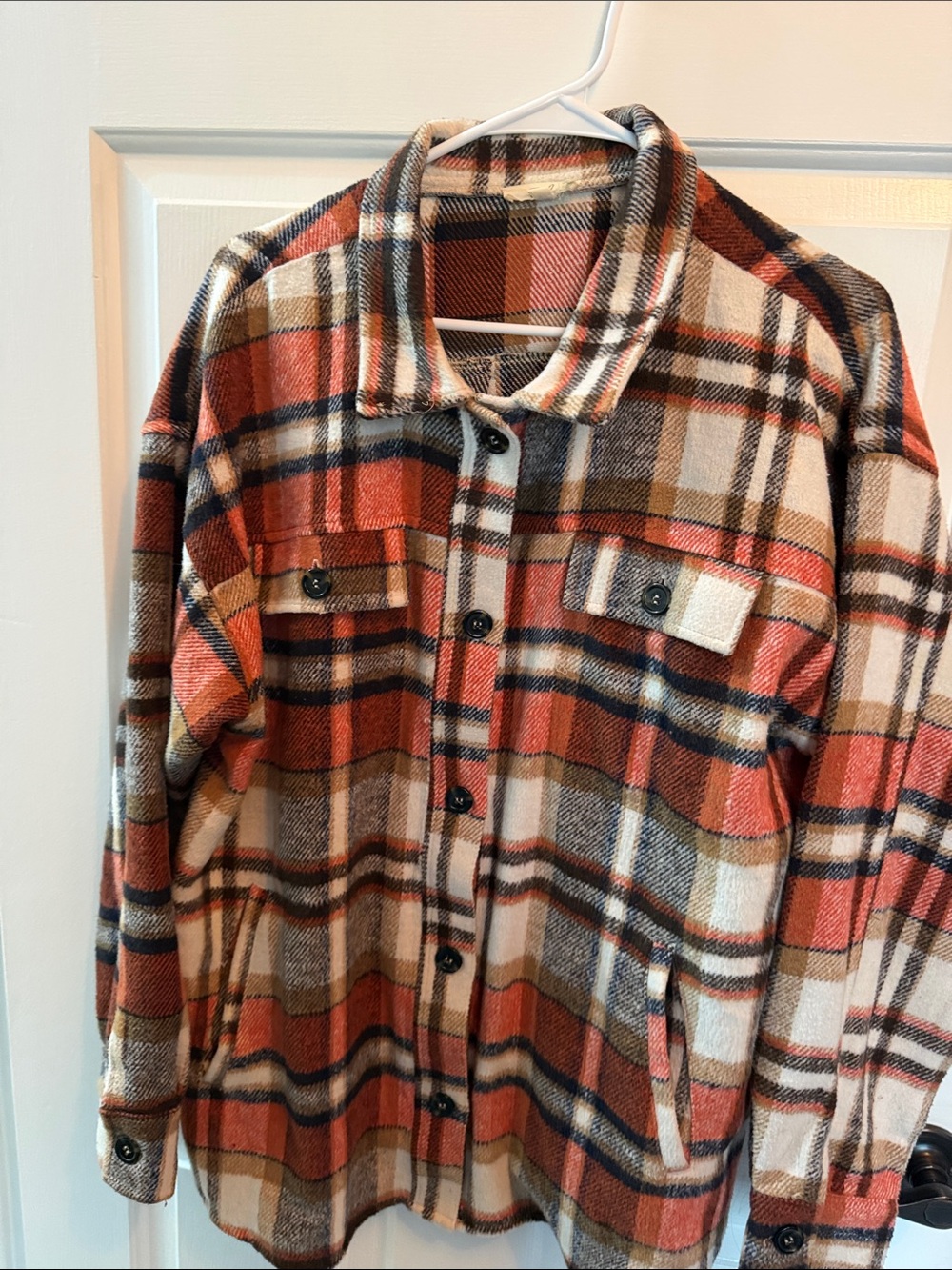 Plaid Utility Shacket Jacket in Rust and Cream
